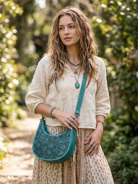 Turquoise Floral Tooled Crossbody Bag